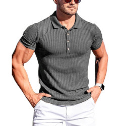 Polo à manches courtes pour hommes, chemises à col montant, rayures solides, fitness, élasticité, mode estivale, nouveau