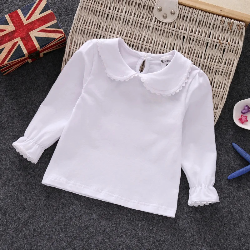 T-shirt blanc à manches longues en dentelle de coton pour petites filles, chemises pour enfants, chemisiers pour enfants, bébé, 