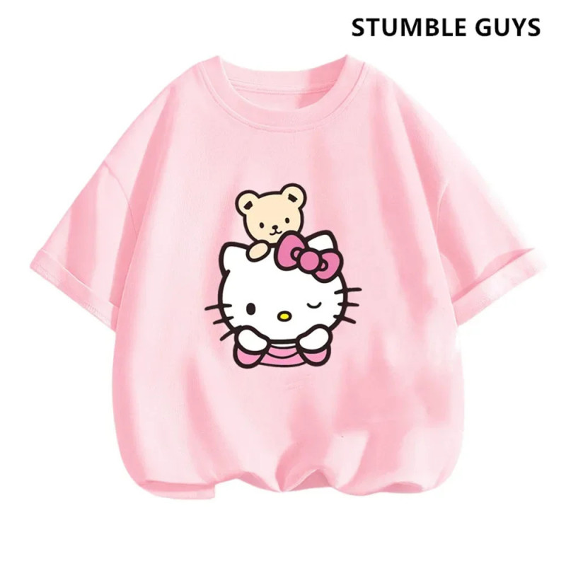 T-shirt Hello Kitty pour enfants, vêtements pour filles, t-shirt à manches courtes, streetwear, pull pour bébé garçon, ensembles