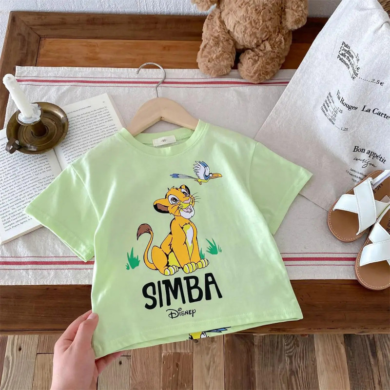 T-shirt à manches courtes pour enfant, vêtement pour garçon, avec motif Simba, à la mode, dessin animé, mignon, pour bébé, 9 min