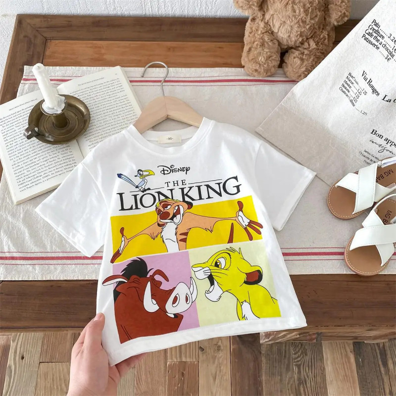 T-shirt à manches courtes pour enfant, vêtement pour garçon, avec motif Simba, à la mode, dessin animé, mignon, pour bébé, 9 min