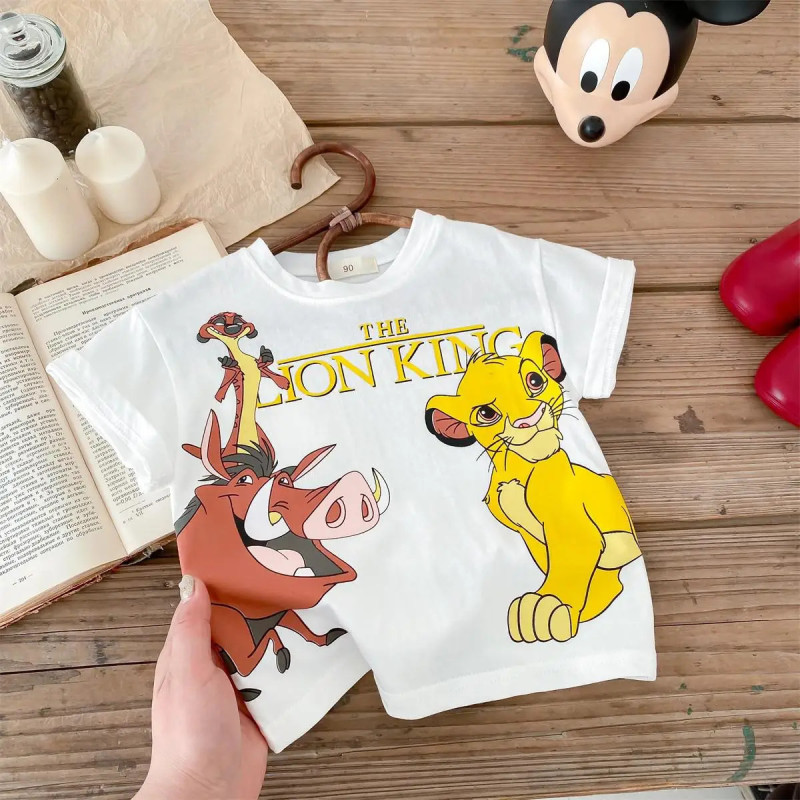 T-shirt à manches courtes pour enfant, vêtement pour garçon, avec motif Simba, à la mode, dessin animé, mignon, pour bébé, 9 min