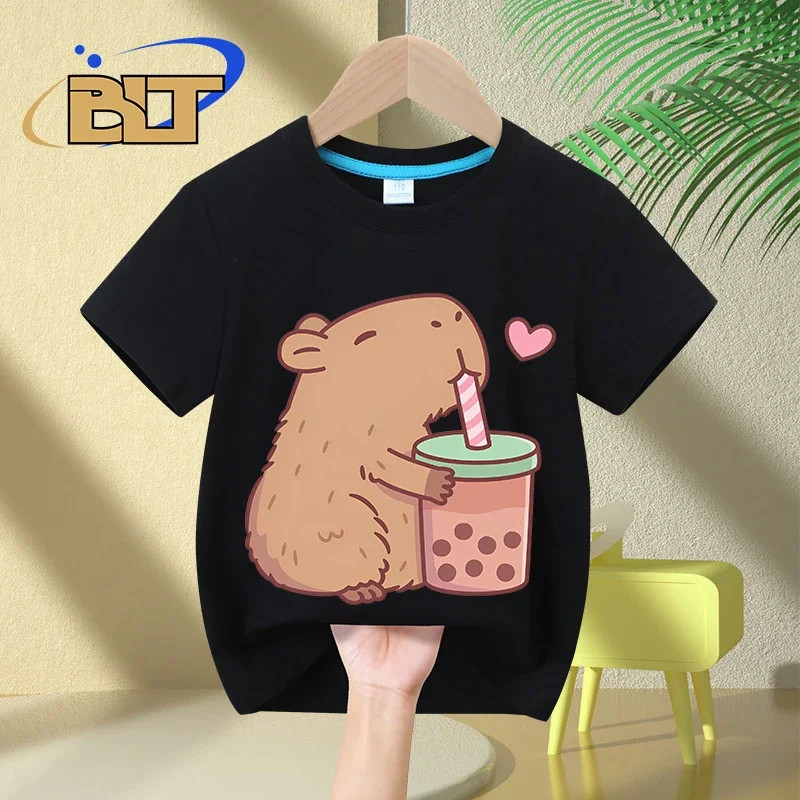 Capybara Love Bubble Tea T-shirt à manches courtes pour enfants, mignon, imprimé, décontracté, médicaments, cadeaux pour garçons