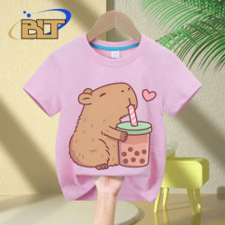 Capybara Love Bubble Tea T-shirt à manches courtes pour enfants, mignon, imprimé, décontracté, médicaments, cadeaux pour filles,