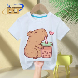 Capybara Love Bubble Tea T-shirt à manches courtes pour enfants, mignon, imprimé, décontracté, médicaments, cadeaux pour garçons