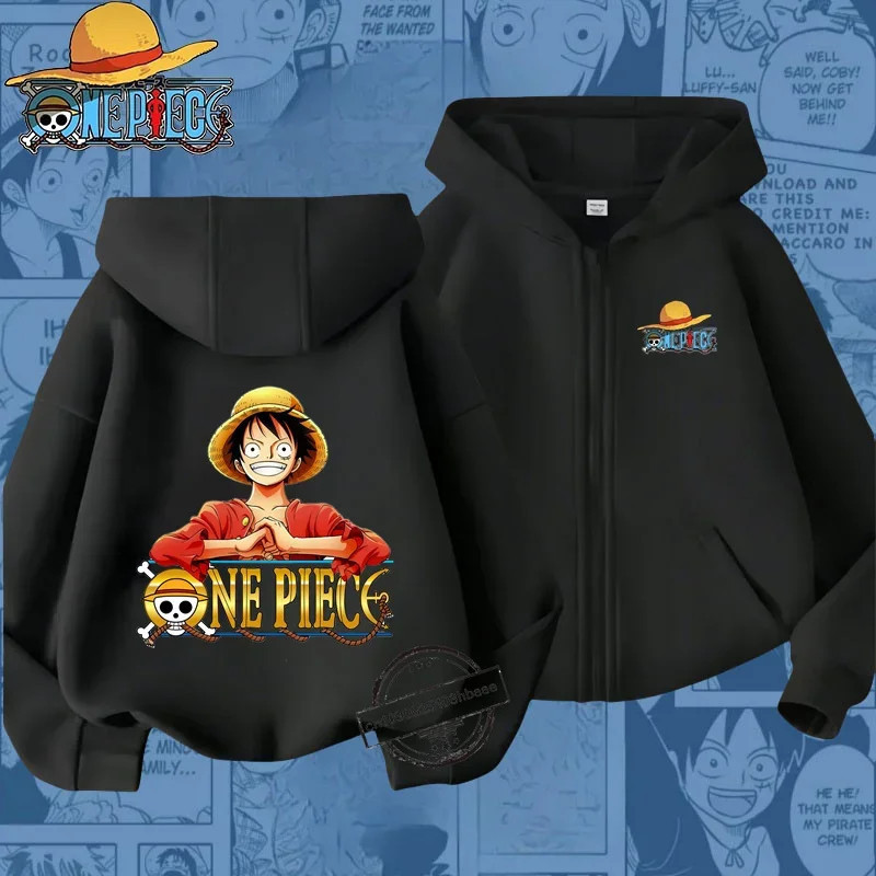 Sweat à capuche zippé One Piece Luffy pour enfants, imprimé dessin animé, haut décontracté pour garçons et filles, chemise de pr