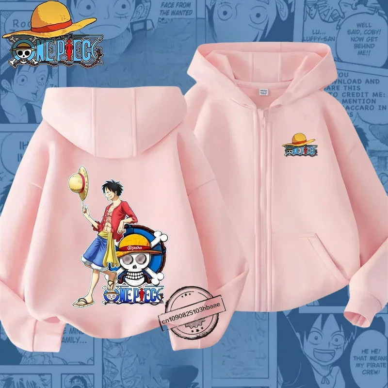 Sweat à capuche zippé One Piece Luffy pour enfants, imprimé dessin animé, haut décontracté pour garçons et filles, chemise de pr