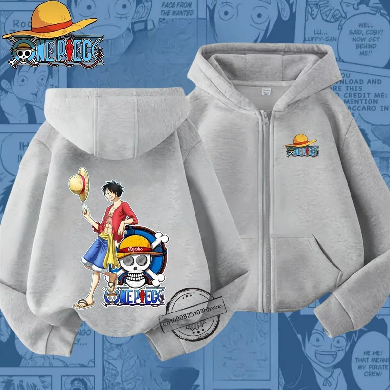 Sweat à capuche zippé One Piece Luffy pour enfants, imprimé dessin animé, haut décontracté pour garçons et filles, chemise de pr