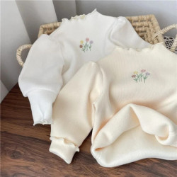 Pull chaud et épais à manches bouffantes pour bébé fille, chemise astronomique brodée de fleurs, vêtements décontractés pour enf