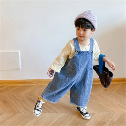 Salopette décontractée en denim pour enfants, vêtements d'extérieur monochromes, pantalons à bretelles pour enfants, fjSpring an