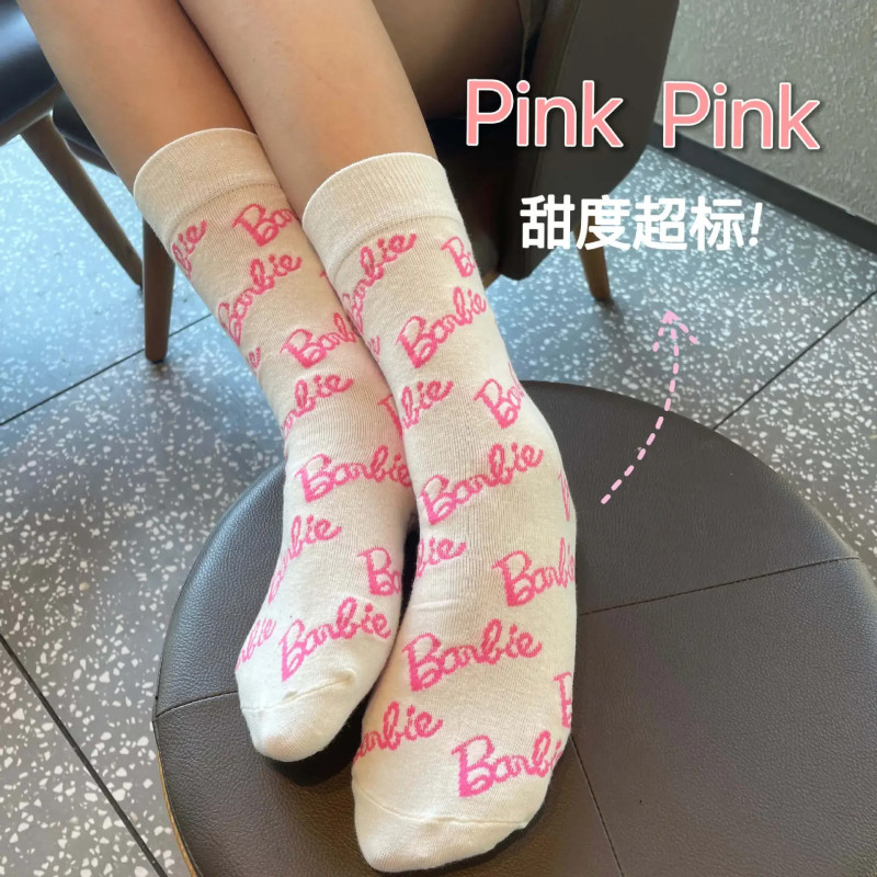 Chaussettes d'Équipe Barbie Kawaii pour Fille, Rose, Dessin Animé, Alphabet, Mouvement d'Impression, Chaud, Socksynchronisation,