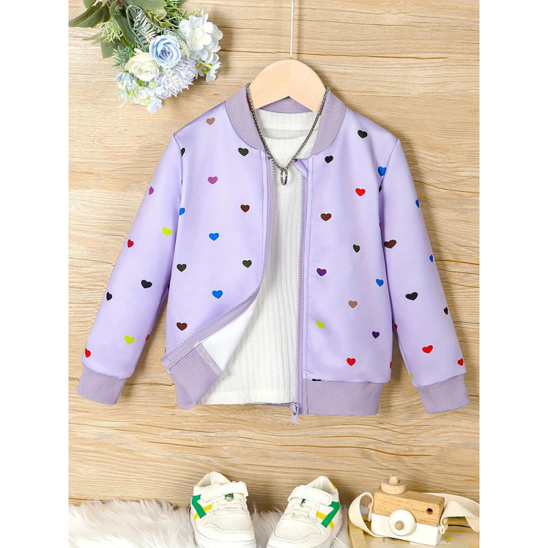 Veste zippée à imprimé d'amour coloré pour filles, manteau décontracté pour enfants, printemps et automne