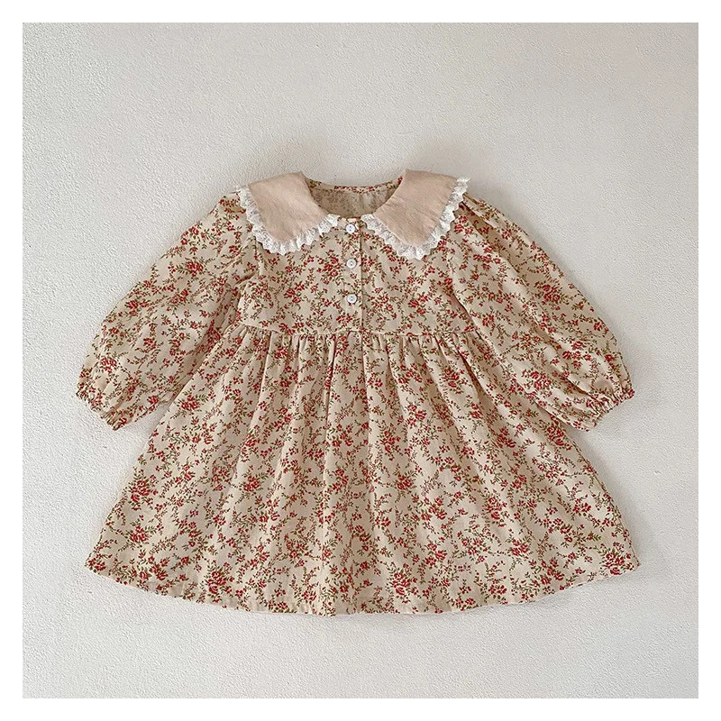 Robe de princesse à manches longues pour petite fille, vêtement pour enfant, imprimé floral, col beurre, collection automne