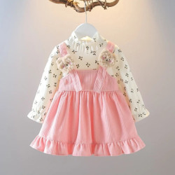 Robe à manches longues en velours côtelé pour fille, joli ours floral, style sangle, tenue de photographie mignonne, mode enfant