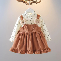 Robe à manches longues en velours côtelé pour fille, joli ours floral, style sangle, tenue de photographie mignonne, mode enfant