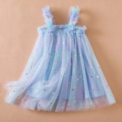 Robe trapèze moelleuse à manches volantes pour filles, robe à paillettes avec nœud, robe de princesse rose pour bébé mignon, fêt