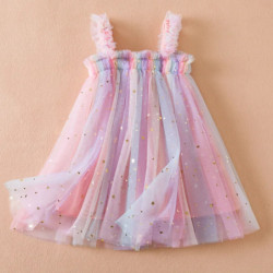 Robe trapèze moelleuse à manches volantes pour filles, robe à paillettes avec nœud, robe de princesse rose pour bébé mignon, fêt