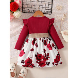 Robe de Nouvel An pour Fille de 1 à 7 Ans, Rouge, à Manches sulf, Jupe à Fleurs pour Anniversaire, ixde Mariage, Tenues d'Automn