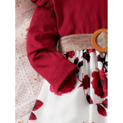 Robe de Nouvel An pour Fille de 1 à 7 Ans, Rouge, à Manches sulf, Jupe à Fleurs pour Anniversaire, ixde Mariage, Tenues d'Automn