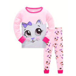 Pyjama Décontracté en Coton Rose à Col Ras du Cou pour Fille, Ensemble avec Imprimé de Dessin Animé Nairobi Orn, 2 Pièces