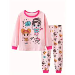 Pyjama Décontracté en Coton Rose à Col Ras du Cou pour Fille, Ensemble avec Imprimé de Dessin Animé Nairobi Orn, 2 Pièces