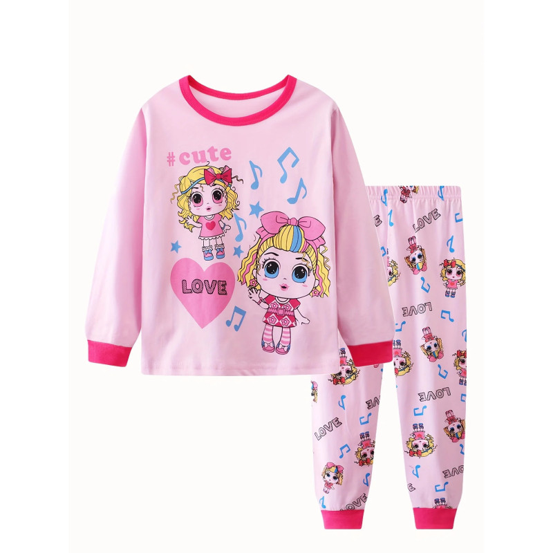 Pyjama Décontracté en Coton Rose à Col Ras du Cou pour Fille, Ensemble avec Imprimé de Dessin Animé Nairobi Orn, 2 Pièces