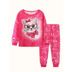 Pyjama Décontracté en Coton Rose à Col Ras du Cou pour Fille, Ensemble avec Imprimé de Dessin Animé Nairobi Orn, 2 Pièces