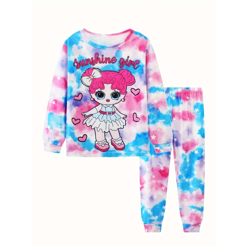 Pyjama Décontracté en Coton Rose à Col Ras du Cou pour Fille, Ensemble avec Imprimé de Dessin Animé Nairobi Orn, 2 Pièces