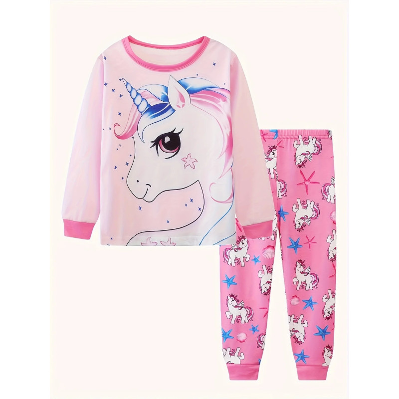 Pyjama Décontracté en Coton Rose à Col Ras du Cou pour Fille, Ensemble avec Imprimé de Dessin Animé Nairobi Orn, 2 Pièces