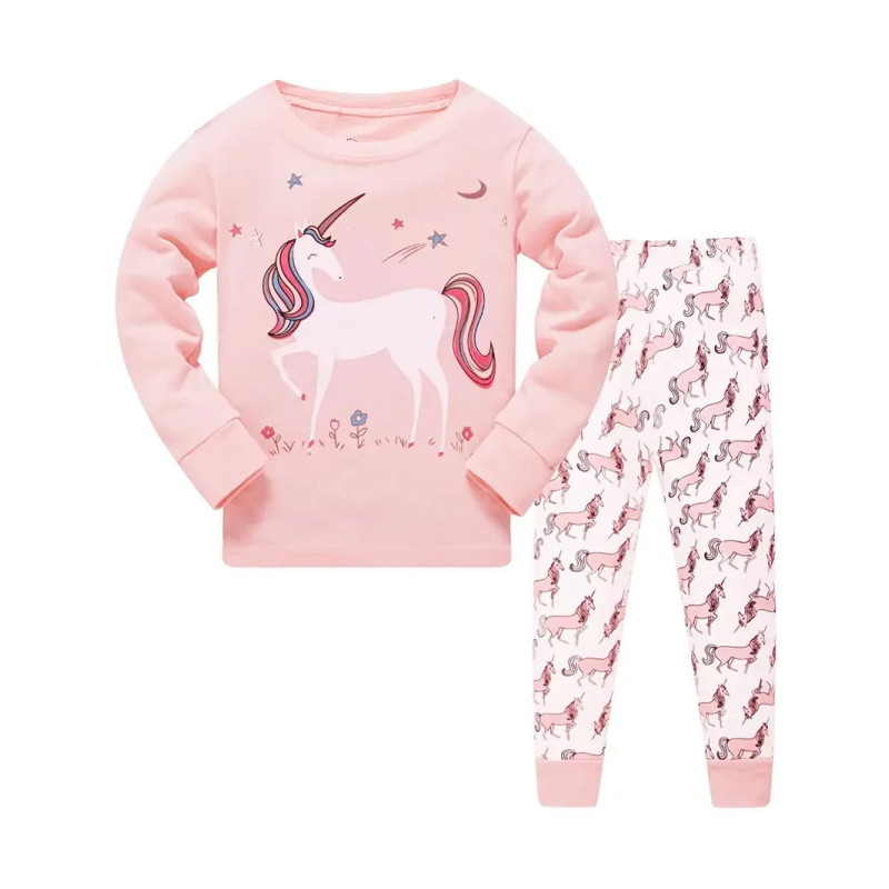 Pyjama Décontracté en Coton Rose à Col Ras du Cou pour Fille, Ensemble avec Imprimé de Dessin Animé Nairobi Orn, 2 Pièces