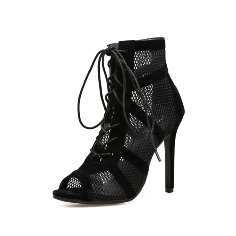 Nouveau défilé de mode noir Net tissu sangle croisée Sexy sandales à talons hauts femme chaussures pompes à lacets Peep orteil s