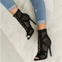 Nouveau défilé de mode noir Net tissu sangle croisée Sexy sandales à talons hauts femme chaussures pompes à lacets Peep orteil s