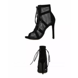 Nouveau défilé de mode noir Net tissu sangle croisée Sexy sandales à talons hauts femme chaussures pompes à lacets Peep orteil s