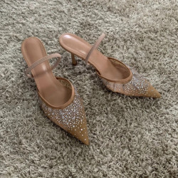 Sandales d'été à strass pour femmes, chaussures à talons hauts en maille brillante, élégantes, Slingback pointues, escarpins de 