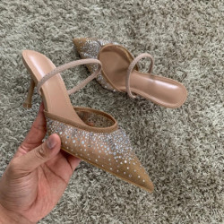 Sandales d'été à strass pour femmes, chaussures à talons hauts en maille brillante, élégantes, Slingback pointues, escarpins de 