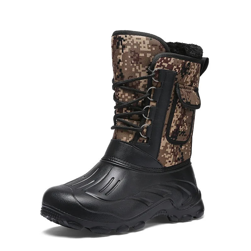 Nouveau hiver Camouflage neige hommes bottes chaussures de pluie en plein air imperméable avec fourrure en peluche chaud mâle dé