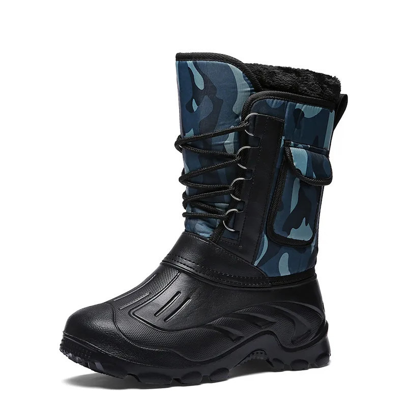 Nouveau hiver Camouflage neige hommes bottes chaussures de pluie en plein air imperméable avec fourrure en peluche chaud mâle dé