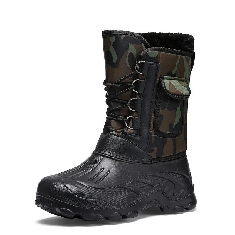 Nouveau hiver Camouflage neige hommes bottes chaussures de pluie en plein air imperméable avec fourrure en peluche chaud mâle dé