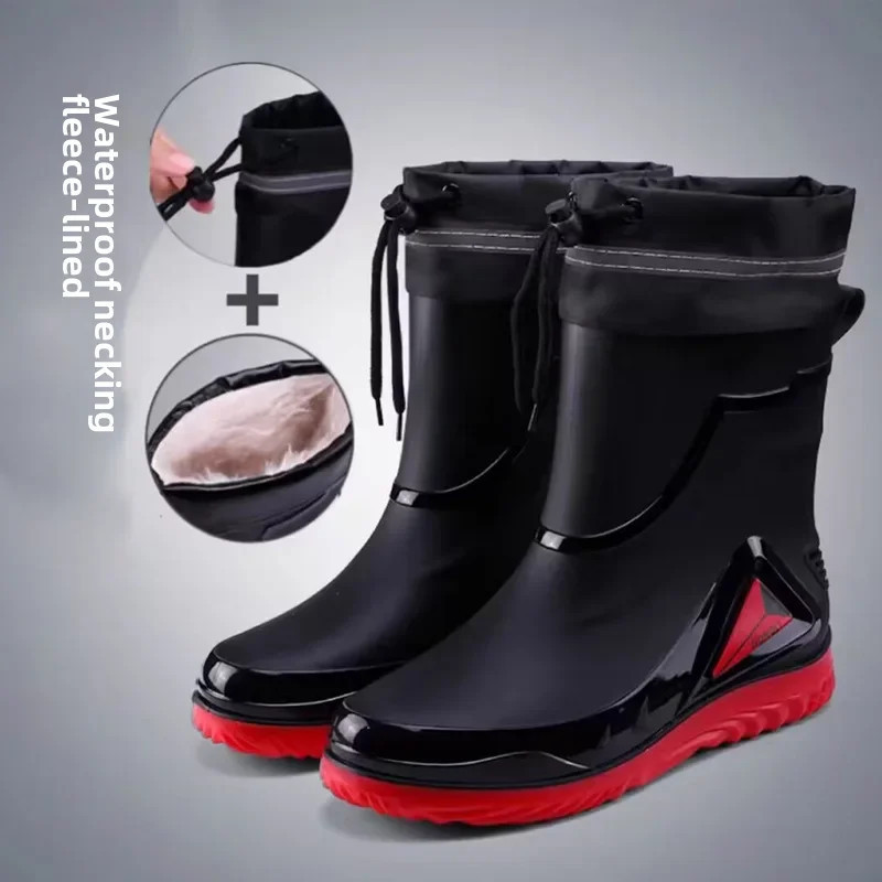 Chaussures de pluie imperméables pour hommes, chaussures de travail d'extérieur antidérapantes, doublées de polaire, bottes de p