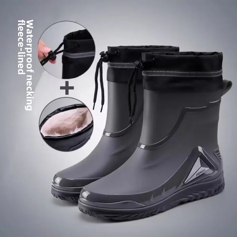 Chaussures de pluie imperméables pour hommes, chaussures de travail d'extérieur antidérapantes, doublées de polaire, bottes de p