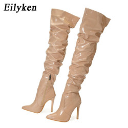 Eilyken-Cuissardes rouges pour femmes, cuissardes à talons hauts, cuir verni, solide, pointu, Parker, stiletto, fermeture à glis