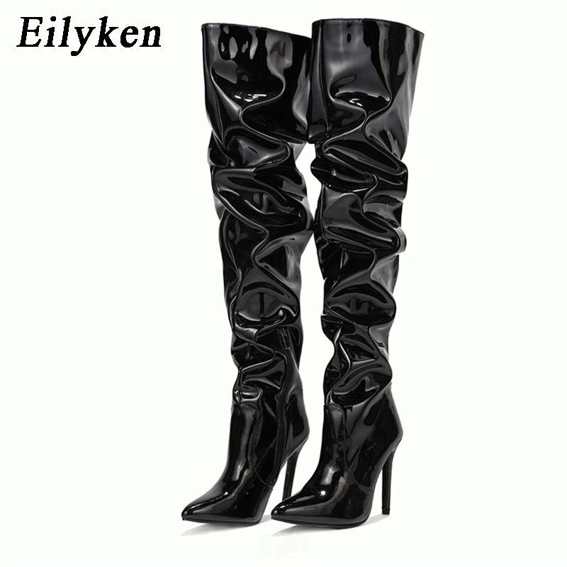 Eilyken-Cuissardes rouges pour femmes, cuissardes à talons hauts, cuir verni, solide, pointu, Parker, stiletto, fermeture à glis