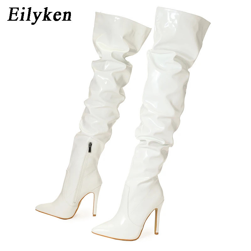 Eilyken-Cuissardes rouges pour femmes, cuissardes à talons hauts, cuir verni, solide, pointu, Parker, stiletto, fermeture à glis