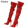 Eilyken-Cuissardes rouges pour femmes, cuissardes à talons hauts, cuir verni, solide, pointu, Parker, stiletto, fermeture à glis