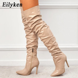 Eilyken-Cuissardes rouges pour femmes, cuissardes à talons hauts, cuir verni, solide, pointu, Parker, stiletto, fermeture à glis